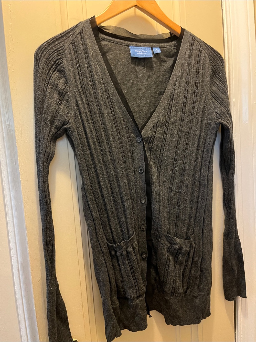 Vera Wang - Gray/ Dark Charcoal Ribbed V-Neck Cardigan